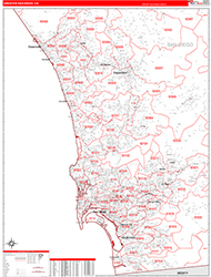 Greater San Diego Metro Area Wall Map Red Line Style 2026